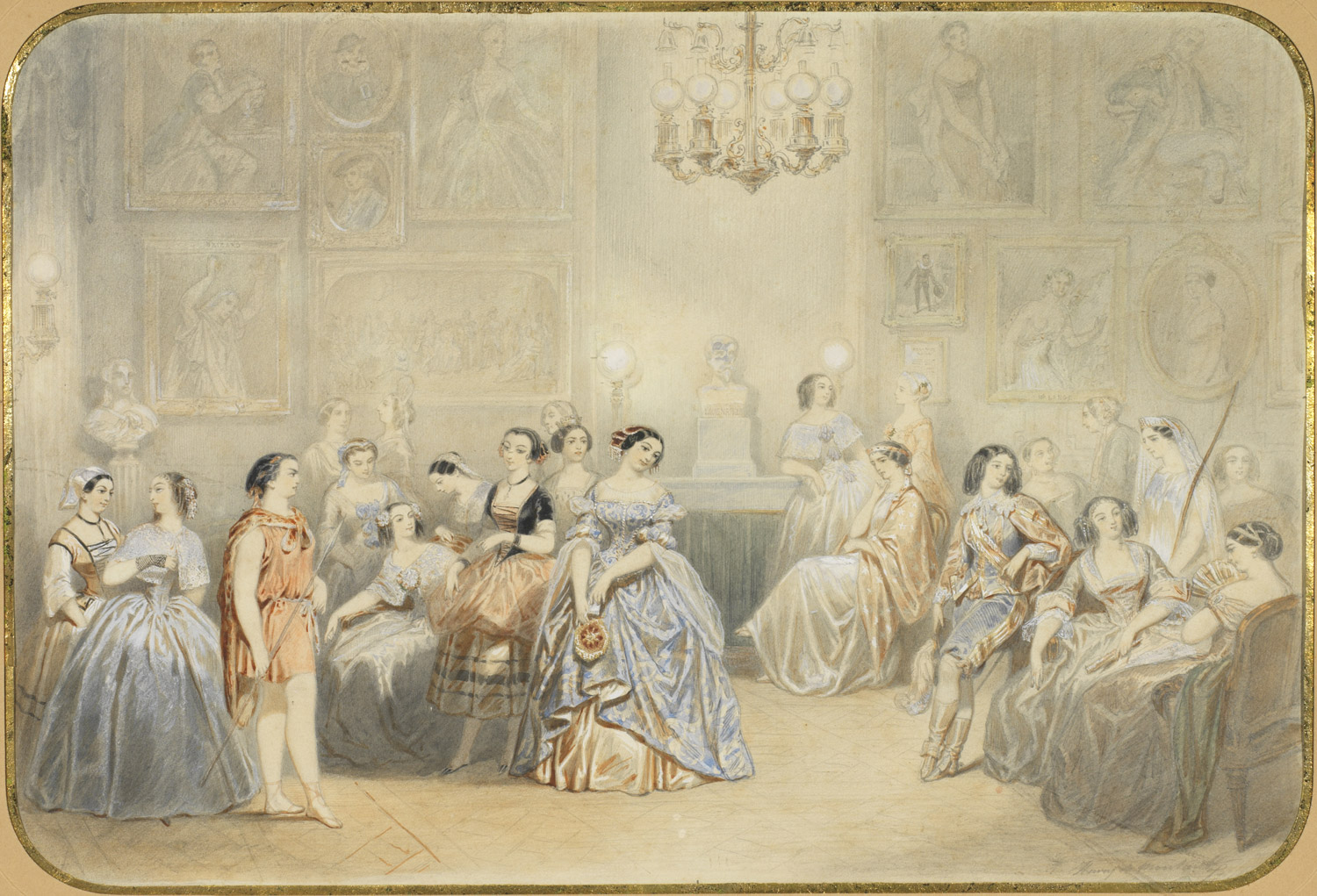 Dessin : Le foyer de la Comédie Française avec Rachel - Patrimoine Charles-André COLONNA WALEWSKI, en ligne directe de Napoléon