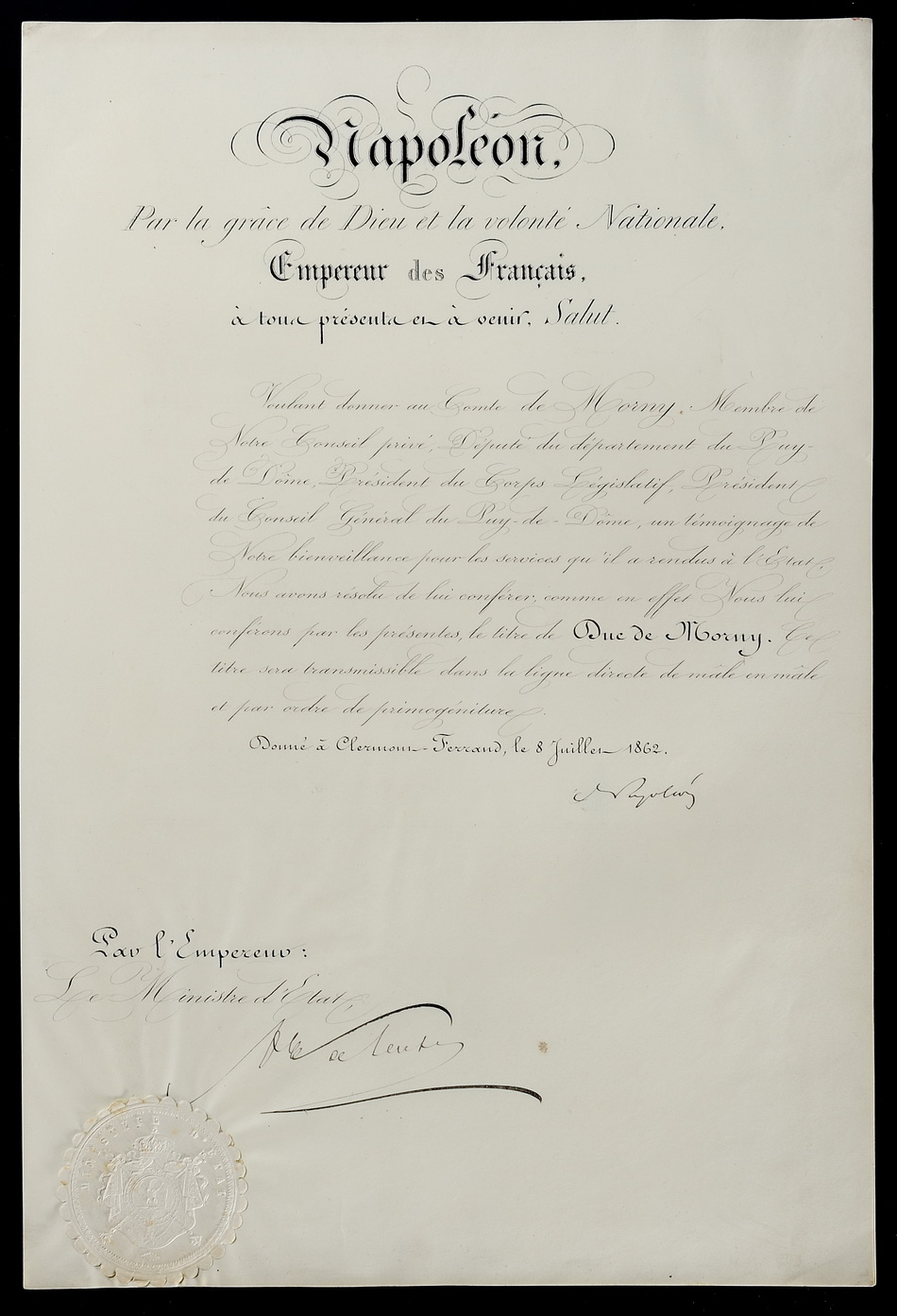 Autographe de NAPOLÉON III 8 juillet 1862 - Patrimoine Charles-André COLONNA WALEWSKI, en ligne directe de Napoléon