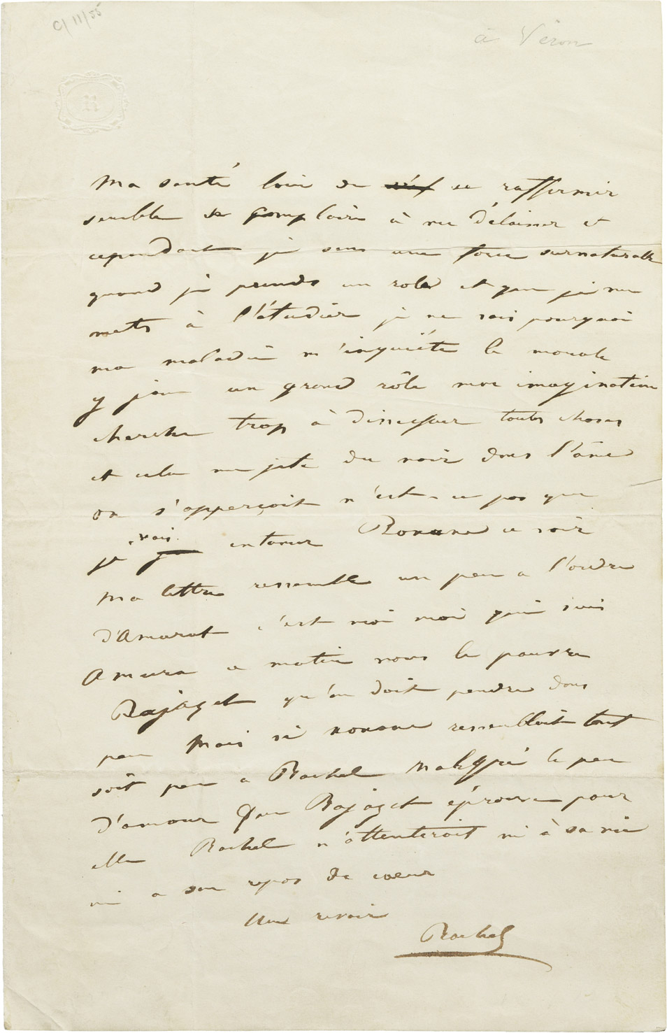 Lettre de Rachel au Dr Véron - Patrimoine Charles-André COLONNA WALEWSKI, en ligne directe de Napoléon