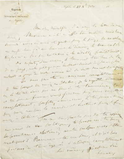 Lettre d'Alexandre Walewski à Rodolphe d'Ornano - Patrimoine Charles-André COLONNA WALEWSKI, en ligne directe de Napoléon
