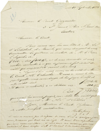 Lettre au comte Grzymala concernant Walewski - Patrimoine Charles-André COLONNA WALEWSKI, en ligne directe de Napoléon