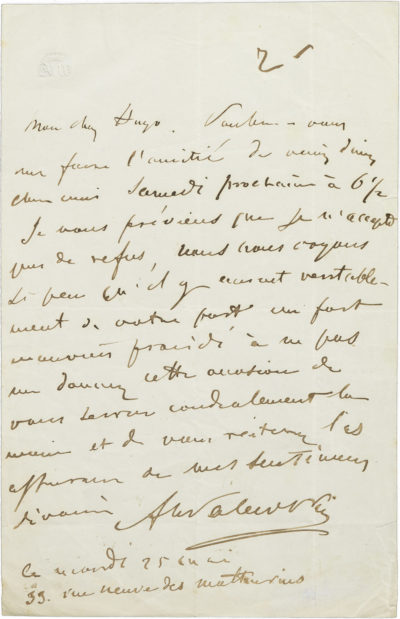 Lettre d'Alexandre Walewski I à Victor Hugo - Patrimoine Charles-André COLONNA WALEWSKI