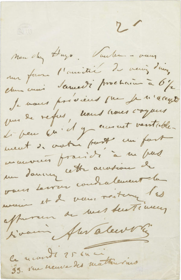 Lettre d'Alexandre Walewski I à Victor Hugo - Patrimoine Charles-André COLONNA WALEWSKI, en ligne directe de Napoléon