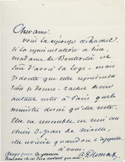 Lettre d'Alexandre Dumas (fils) et lettre de Rachel - Patrimoine Charles-André COLONNA WALEWSKI