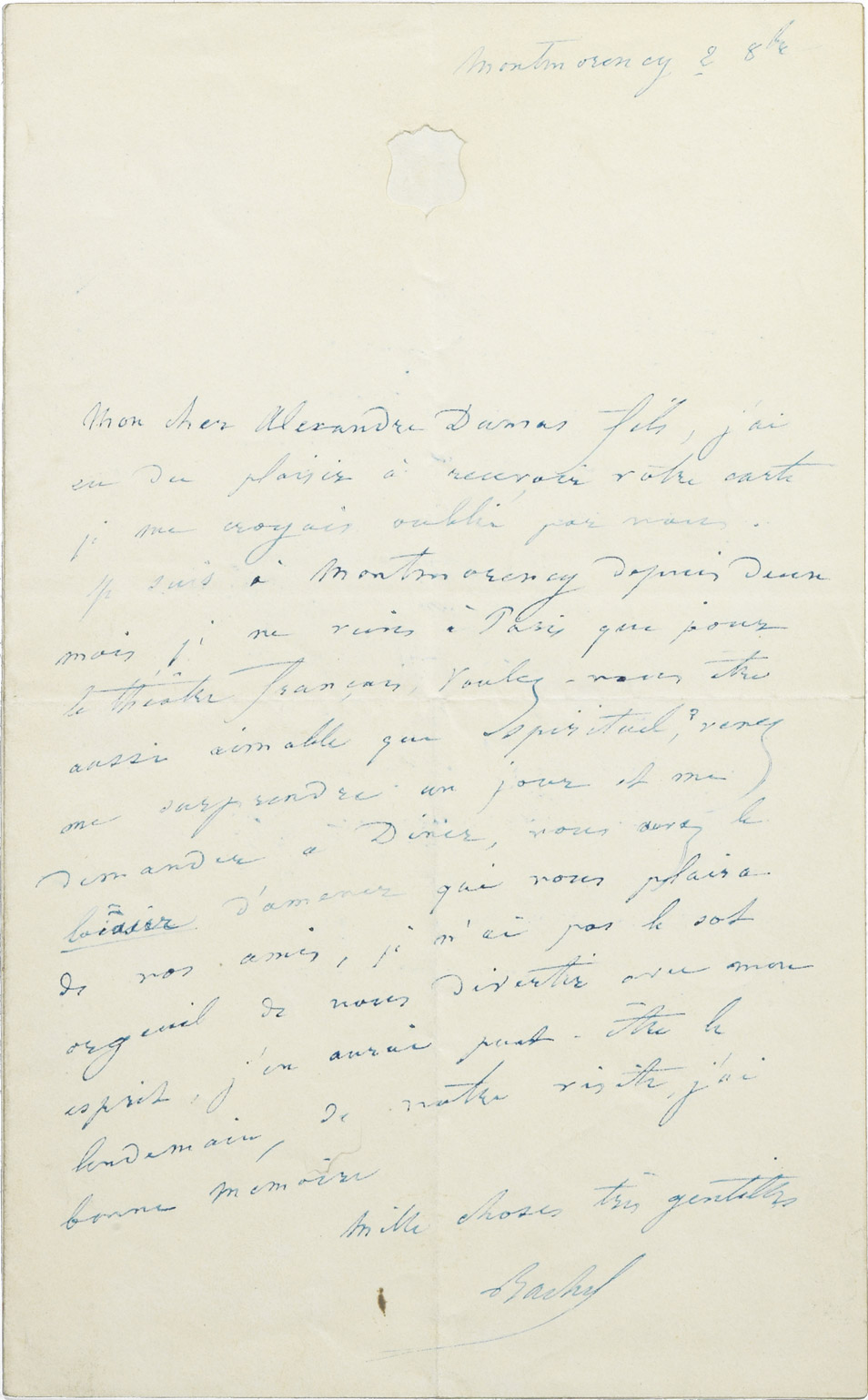 Lettre de Rachel à Alexandre Dumas fils - Patrimoine Charles-André COLONNA WALEWSKI, en ligne directe de Napoléon