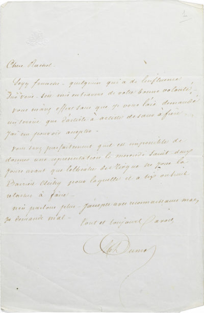 Lettre d'Alexandre Dumas père à Rachel - Patrimoine Charles-André COLONNA WALEWSKI