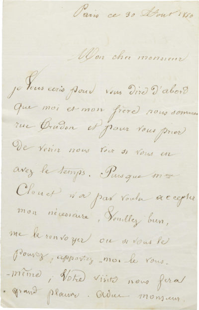 Lettre d'Alexandre II Walewski à Clouet - Patrimoine Charles-André COLONNA WALEWSKI, en ligne directe de Napoléon