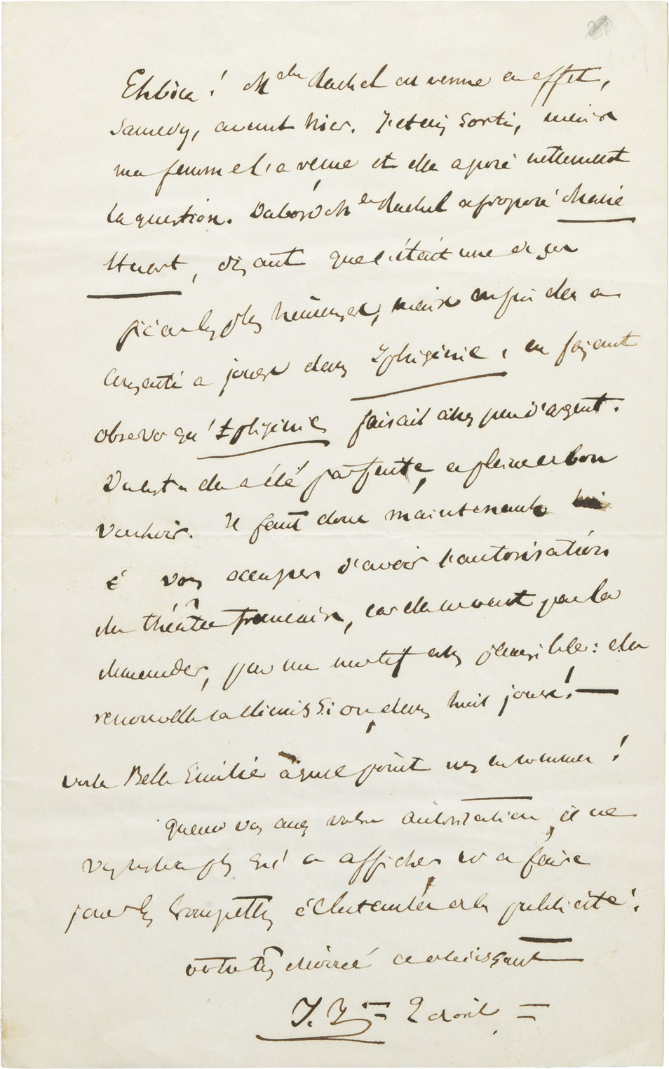 Lettre de Jules Janin sur Rachel - Patrimoine Charles-André COLONNA WALEWSKI, en ligne directe de Napoléon