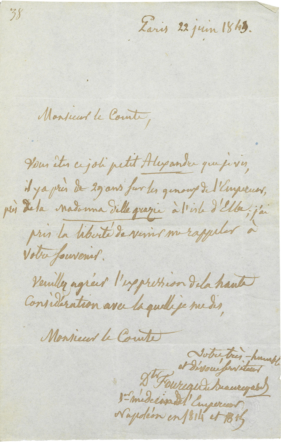 Lettre de Foureau de Beauregard à Alexandre Walewski - Patrimoine Charles-André COLONNA WALEWSKI, en ligne directe de Napoléon