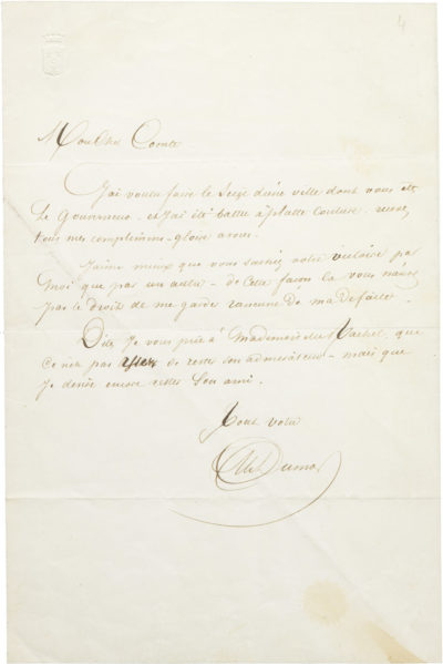 Lettre d'Alexandre Dumas père à Alexandre I Walewski - Patrimoine Charles-André COLONNA WALEWSKI, en ligne directe de Napoléon