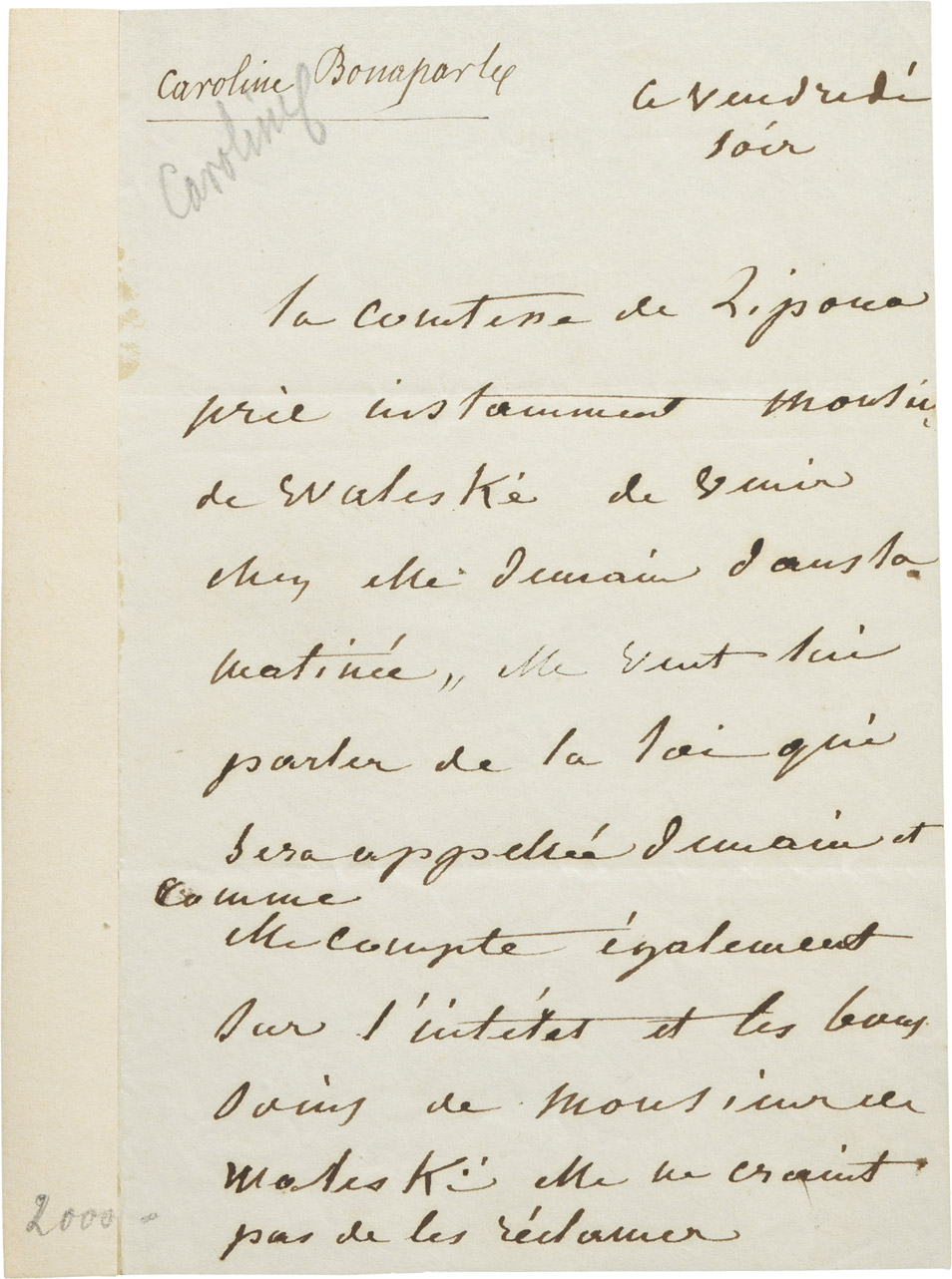 Lettre de Caroline Bonaparte à Alexandre I Walewski. - Patrimoine Charles-André COLONNA WALEWSKI, en ligne directe de Napoléon