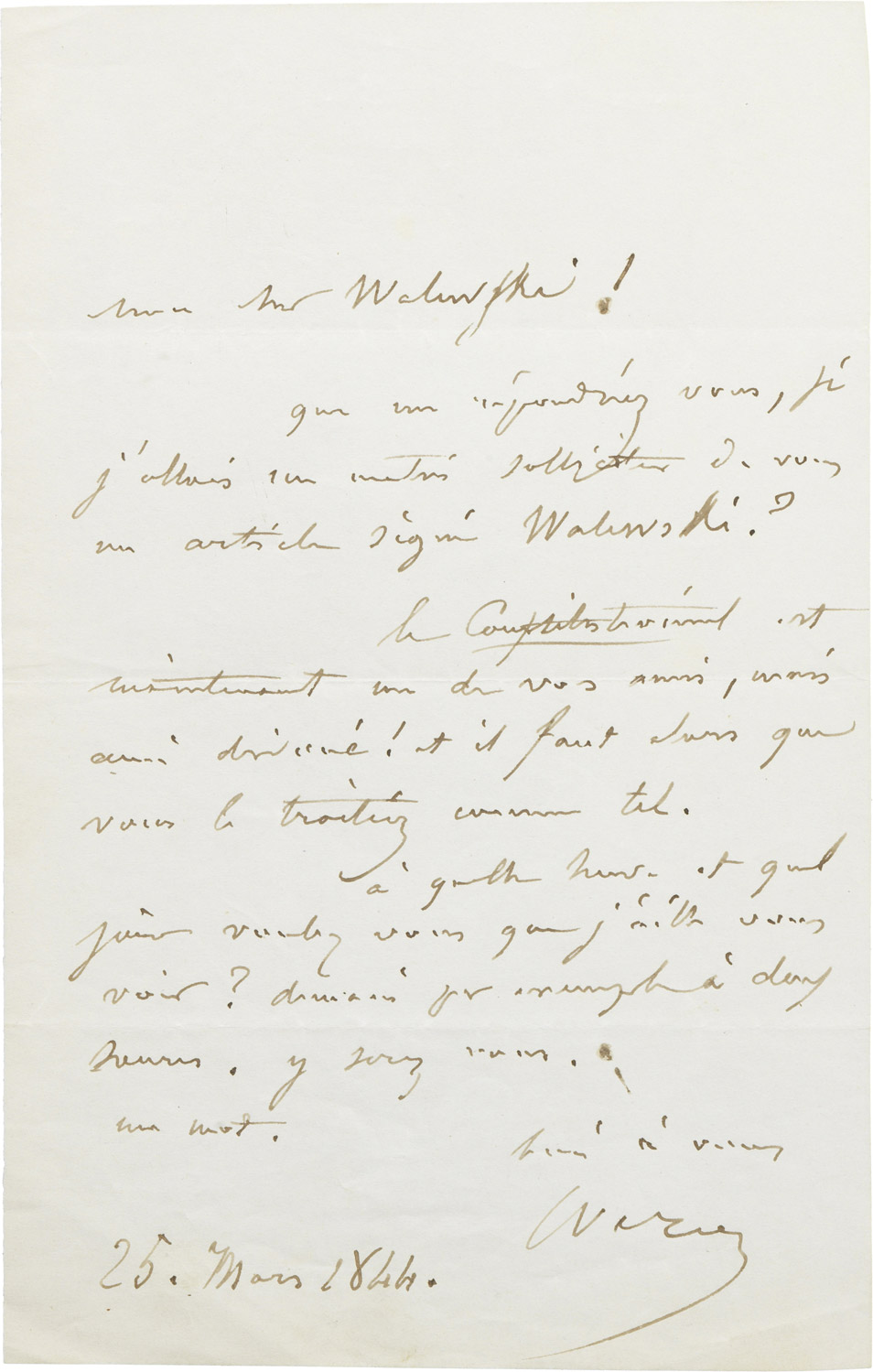 Lettre du Dr Véron à Alexandre I Walewski - Patrimoine Charles-André COLONNA WALEWSKI, en ligne directe de Napoléon
