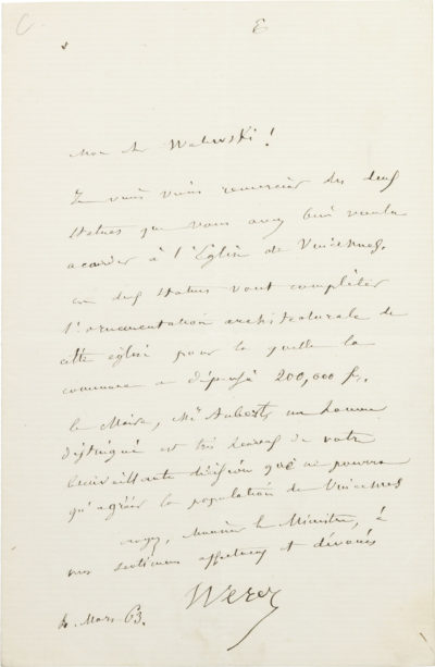Lettre du Dr Véron à Alexandre I Walewski - Patrimoine Charles-André COLONNA WALEWSKI