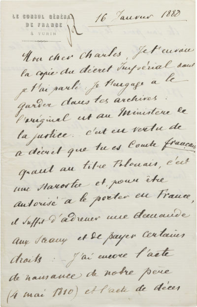 Lettre d'Alexandre II Walewski à Charles Walewski - Patrimoine Charles-André COLONNA WALEWSKI, en ligne directe de Napoléon