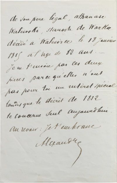 Lettre d'Alexandre II Walewski à Charles Walewski - Patrimoine Charles-André COLONNA WALEWSKI, en ligne directe de Napoléon