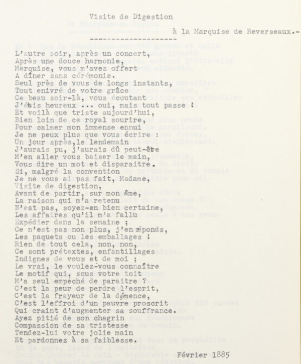 "Visite de digestion", poésie d'Alexandre II Walewski - Patrimoine Charles-André COLONNA WALEWSKI, en ligne directe de Napoléon