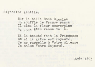 "Signorina gentile", poésie d'Alexandre II Walewski - Patrimoine Charles-André COLONNA WALEWSKI