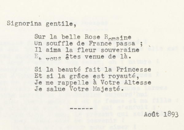 "Signorina gentile", poésie d'Alexandre II Walewski - Patrimoine Charles-André COLONNA WALEWSKI, en ligne directe de Napoléon