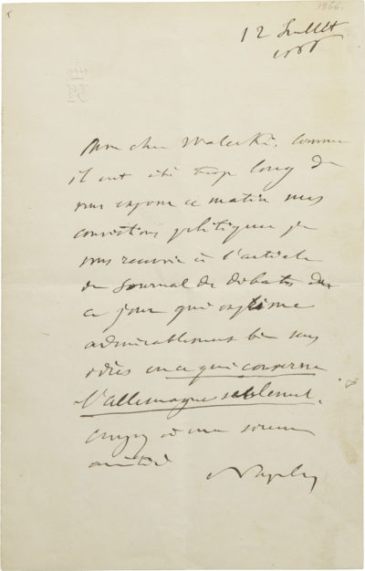 Lettre de Napoléon III à Alexandre I Walewski - Patrimoine Charles-André COLONNA WALEWSKI