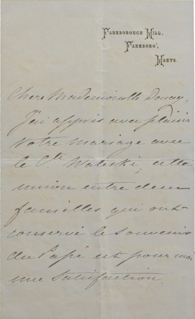 Lettre de l'impératrice Eugénie à Félicie Douay - Patrimoine Charles-André COLONNA WALEWSKI, en ligne directe de Napoléon
