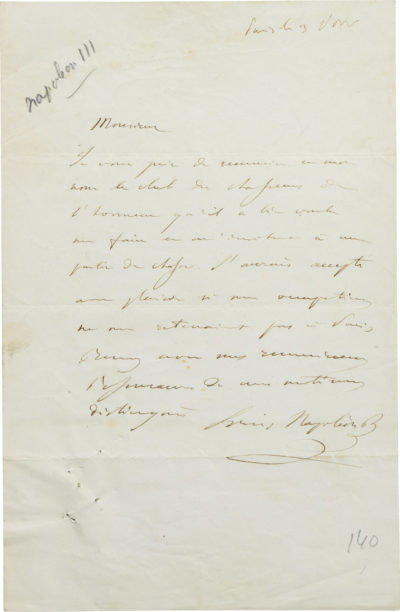 Lettre de Napoléon III - Patrimoine Charles-André COLONNA WALEWSKI, en ligne directe de Napoléon