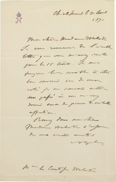 Lettre de Napoléon III à la comtesse Walewska - Patrimoine Charles-André COLONNA WALEWSKI