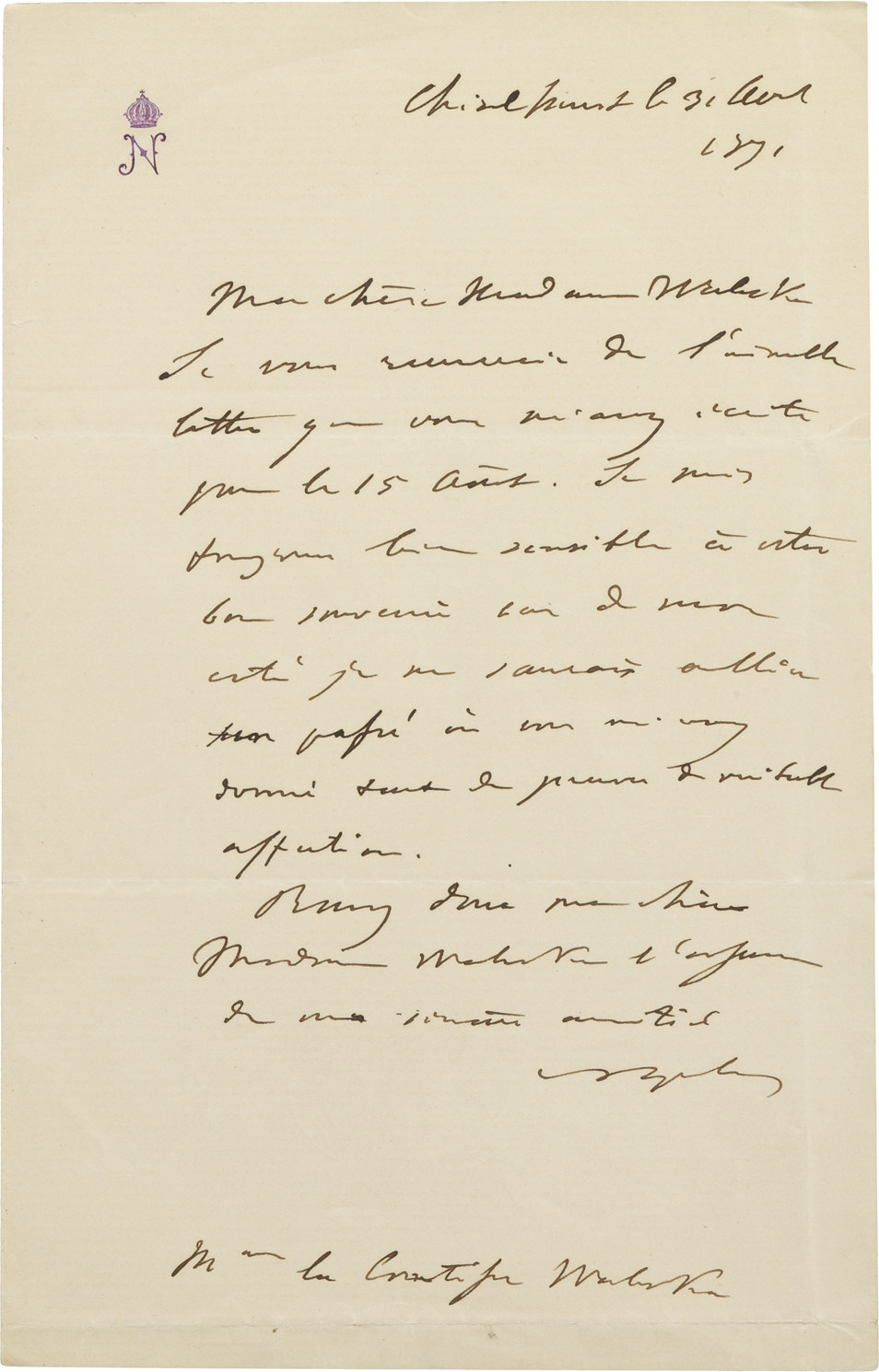 Lettre de Napoléon III à la comtesse Walewska - Patrimoine Charles-André COLONNA WALEWSKI, en ligne directe de Napoléon
