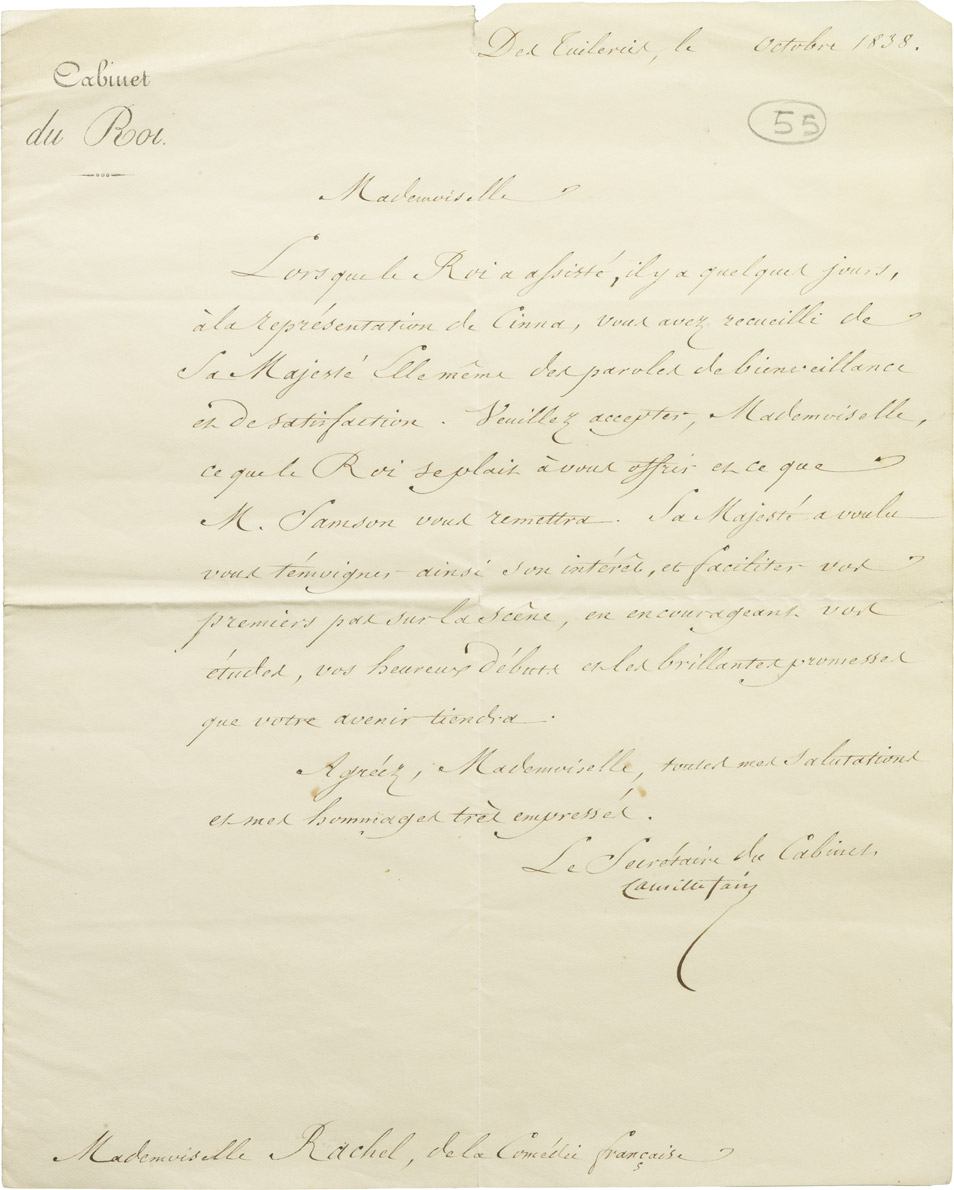 Lettre du roi Louis-Philippe à Rachel - Patrimoine Charles-André COLONNA WALEWSKI, en ligne directe de Napoléon