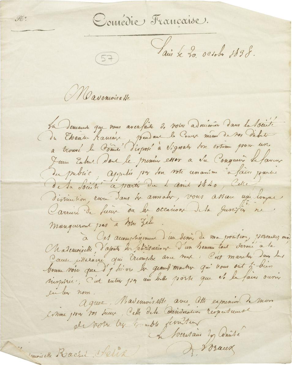 Lettre de la Comédie Française à Rachel - Patrimoine Charles-André COLONNA WALEWSKI, en ligne directe de Napoléon