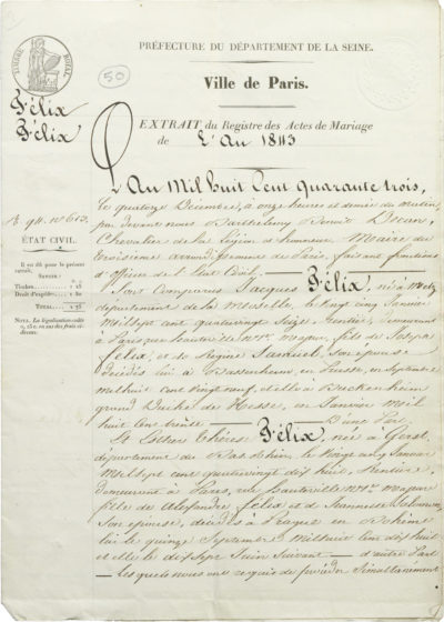 Acte de mariage des parents de Rachel - Patrimoine Charles-André COLONNA WALEWSKI, en ligne directe de Napoléon