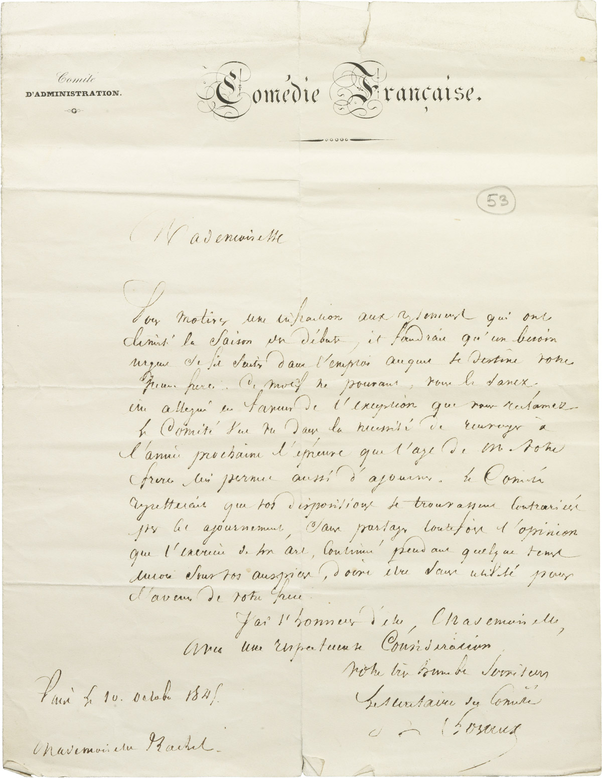 Lettre de la Comédie Française à Rachel - Patrimoine Charles-André COLONNA WALEWSKI, en ligne directe de Napoléon