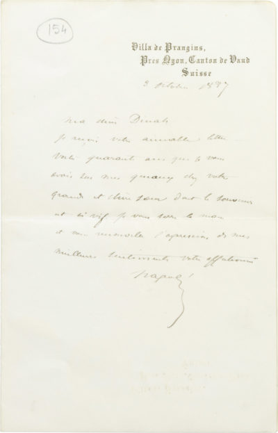 Lettre du Prince Napoléon (Jérôme) à Dinah Félix - Patrimoine Charles-André COLONNA WALEWSKI