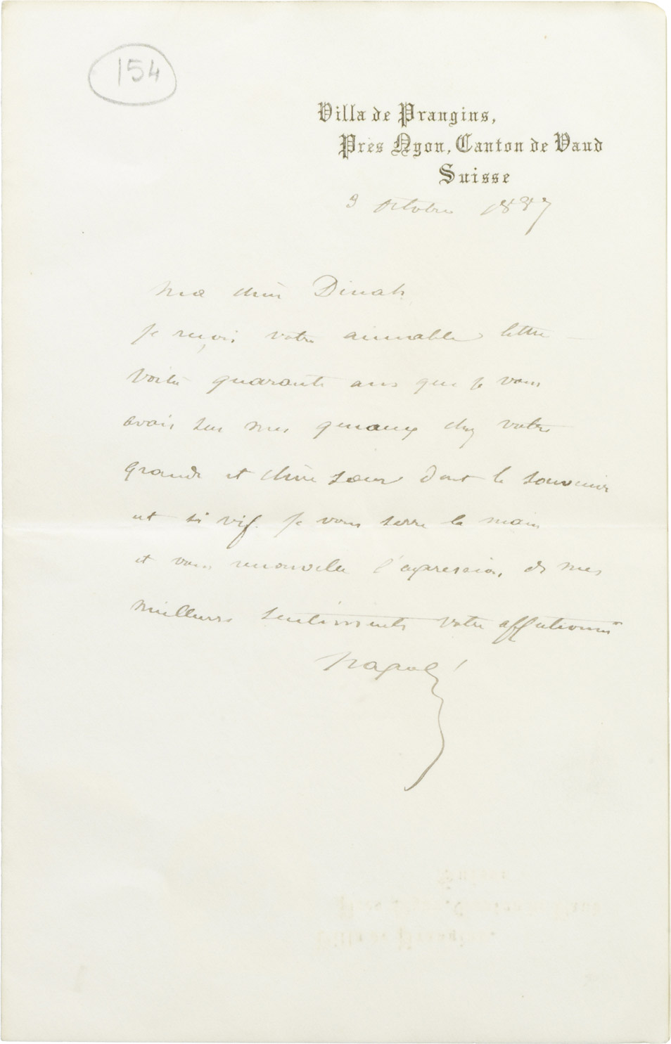 Lettre du Prince Napoléon (Jérôme) à Dinah Félix - Patrimoine Charles-André COLONNA WALEWSKI, en ligne directe de Napoléon