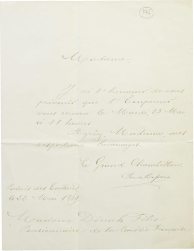 Invitation de Napoléon III à Dinah Félix - Patrimoine Charles-André COLONNA WALEWSKI