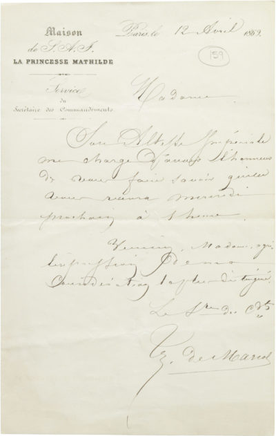 Invitation de la princesse Mathilde à Dinah Félix - Patrimoine Charles-André COLONNA WALEWSKI, en ligne directe de Napoléon