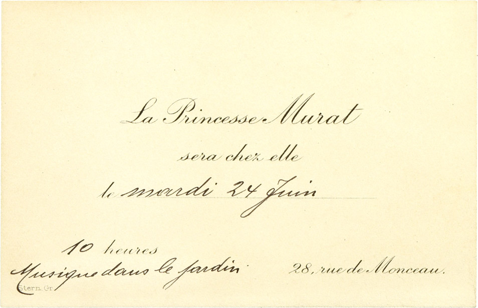 Carte d'invitation de la princesse Murat - Patrimoine Charles-André COLONNA WALEWSKI, en ligne directe de Napoléon