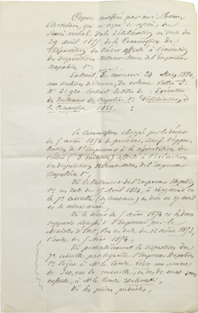 Copie du testament de Napoléon - Patrimoine Charles-André COLONNA WALEWSKI, en ligne directe de Napoléon