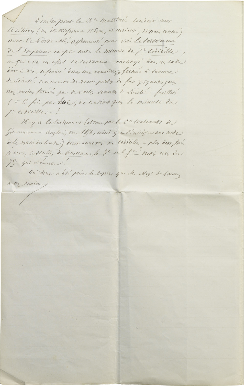 Copie du testament de Napoléon - Patrimoine Charles-André COLONNA WALEWSKI, en ligne directe de Napoléon