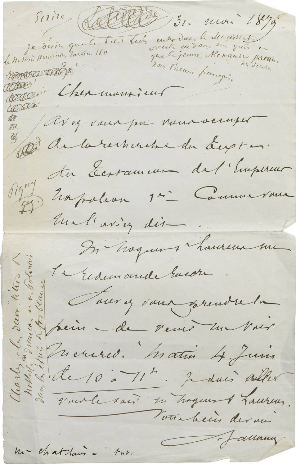 Lettre avec note à Charles Walewski - Patrimoine Charles-André COLONNA WALEWSKI, en ligne directe de Napoléon