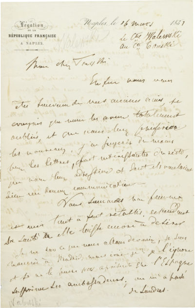 Lettre d'Alexandre Walewski I au comte Tanski - Patrimoine Charles-André COLONNA WALEWSKI, en ligne directe de Napoléon