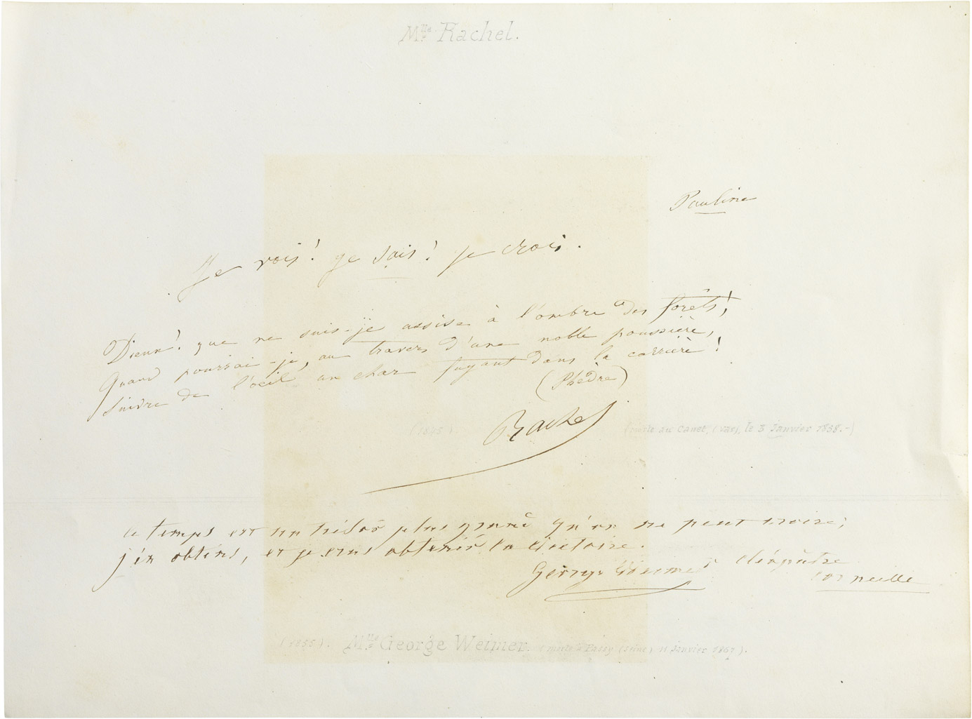 Page d'album avec vers autographes de Rachel - Patrimoine Charles-André COLONNA WALEWSKI, en ligne directe de Napoléon