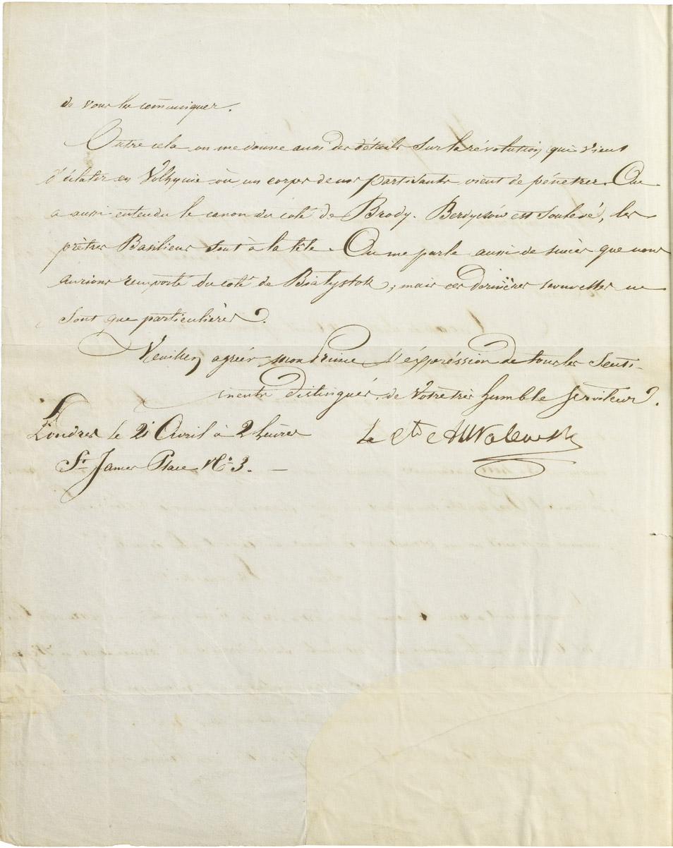 Lettre d'Alexandre I Walewski au Prince - Patrimoine Charles-André COLONNA WALEWSKI, en ligne directe de Napoléon