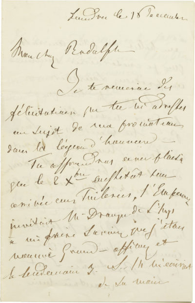 Lettre d'Alexandre Walewski I à Rodolphe d'Ornano - Patrimoine Charles-André COLONNA WALEWSKI