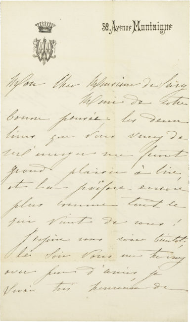 Lettre de la comtesse Walewska à M. de Sacy - Patrimoine Charles-André COLONNA WALEWSKI, en ligne directe de Napoléon