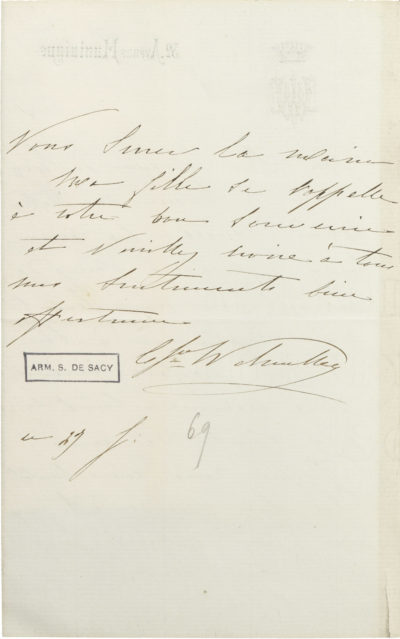 Lettre de la comtesse Walewska à M. de Sacy - Patrimoine Charles-André COLONNA WALEWSKI