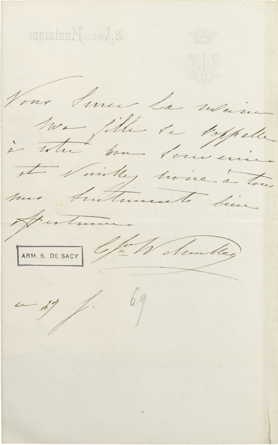Lettre de la comtesse Walewska à M. de Sacy - Patrimoine Charles-André COLONNA WALEWSKI, en ligne directe de Napoléon