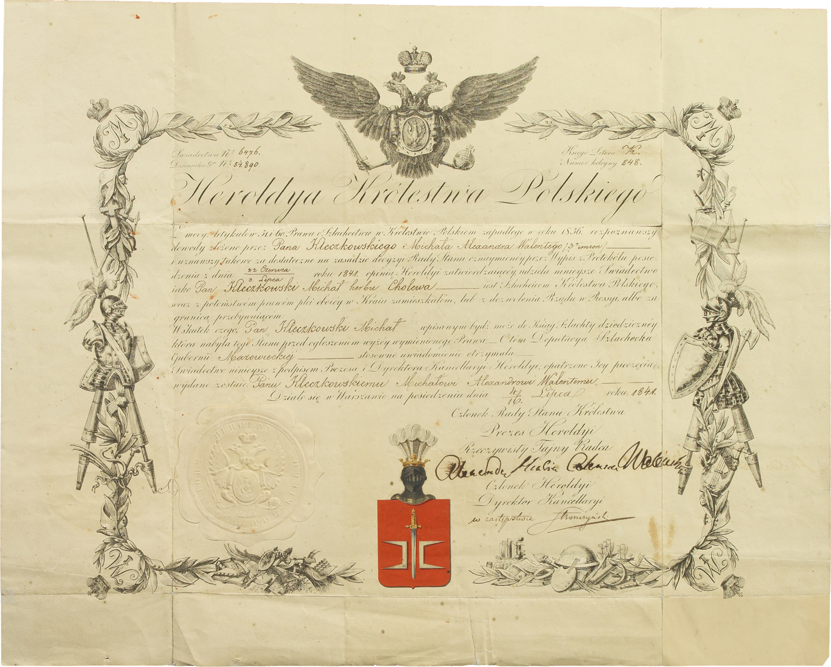 Certificat polonais signé d'Alexandre I Walewski - Patrimoine Charles-André COLONNA WALEWSKI, en ligne directe de Napoléon