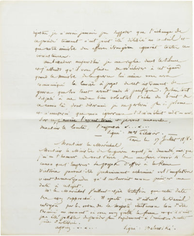 Correspondance d'Alexandre Walewski et Pélissier - Patrimoine Charles-André COLONNA WALEWSKI, en ligne directe de Napoléon