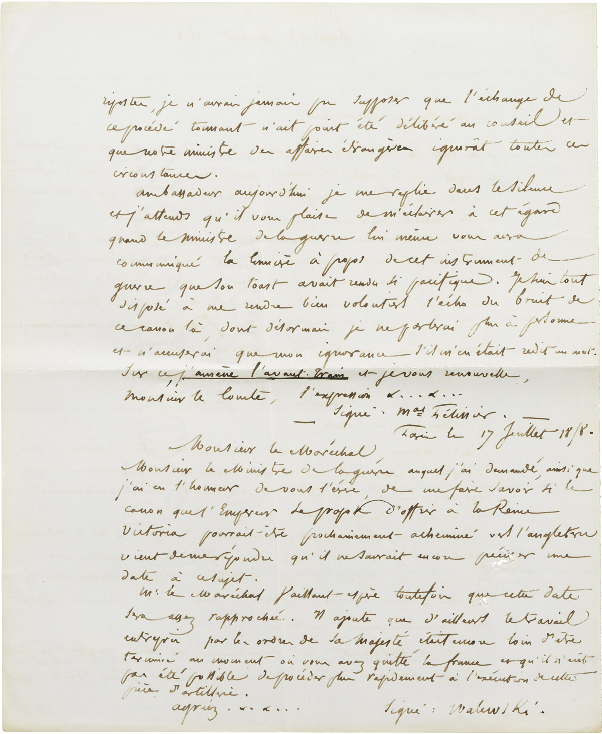Correspondance d'Alexandre Walewski et Pélissier - Patrimoine Charles-André COLONNA WALEWSKI, en ligne directe de Napoléon
