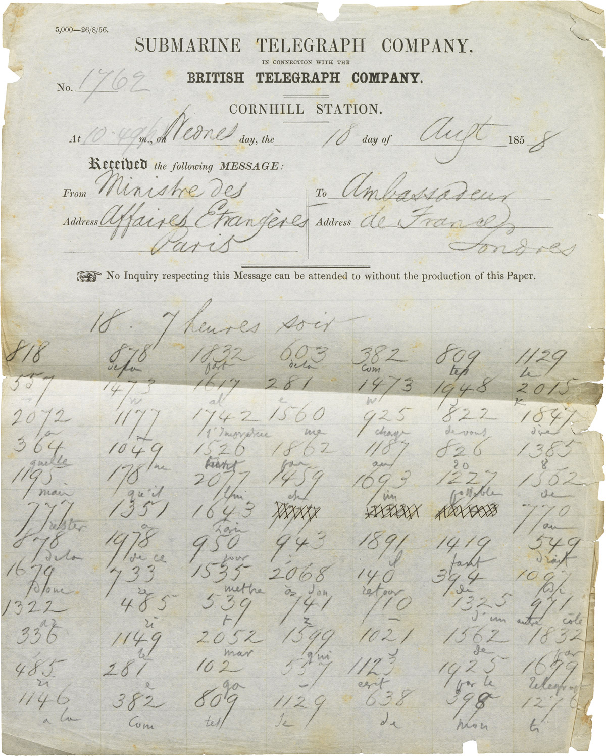 Télégramme d'Alexandre I Walewski à Pélissier - Patrimoine Charles-André COLONNA WALEWSKI, en ligne directe de Napoléon